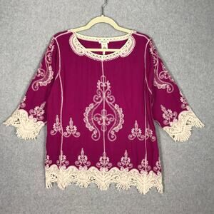 Ultra Pink Top Women Small Blouse Lace Crochet Boho Peasant Cowgirl Cottage READ